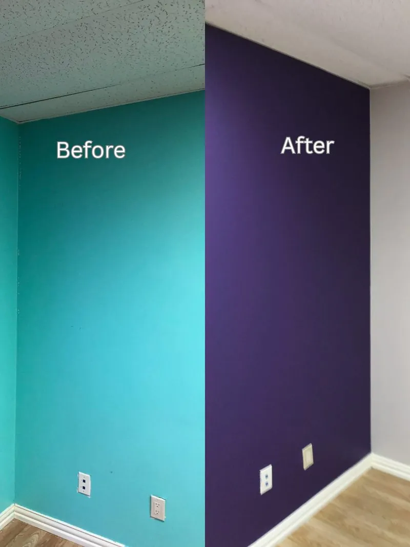 Before and after: teal walls repainted light gray with a deep purple accent wall