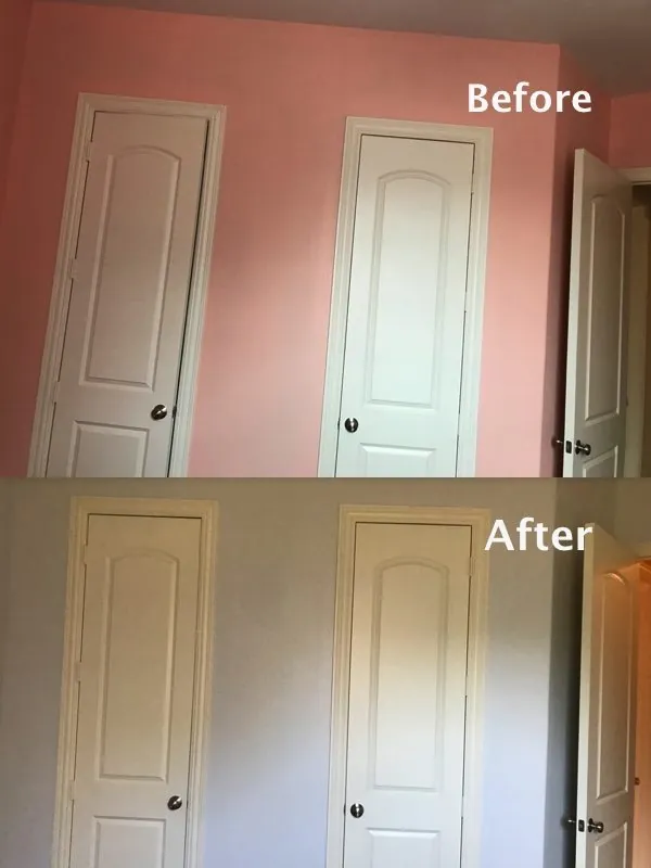 Before and after: pink walls repainted in a light neutral