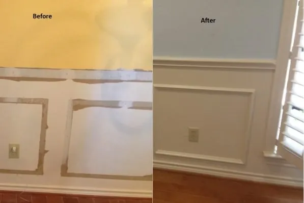 Before and after: picture-frame molding installed below a chair rail and painted