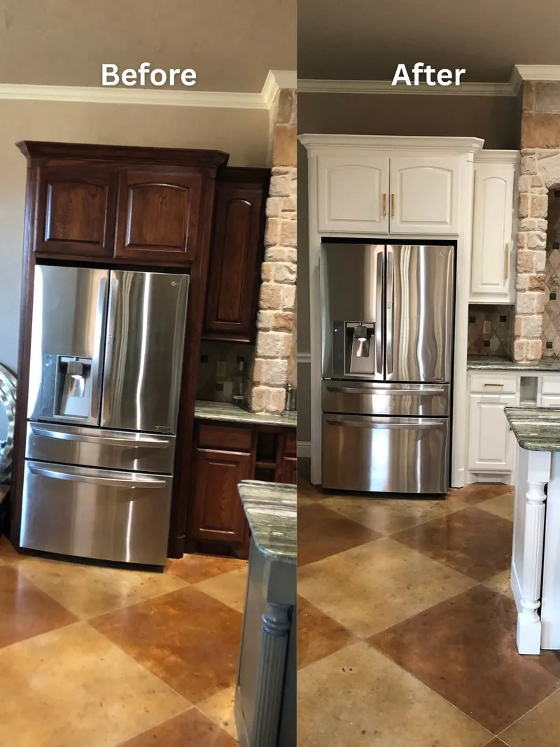 Before and after: dark stained kitchen cabinets refinished in white